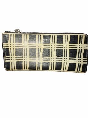Coach Bleecker Black & Cream Plaid Zip around wallet - Silver Hardware